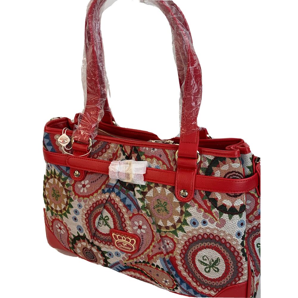NEW Fricaine Eleganza Shoulder Bag Bright Tomato Red Jacquard Purse Handbag